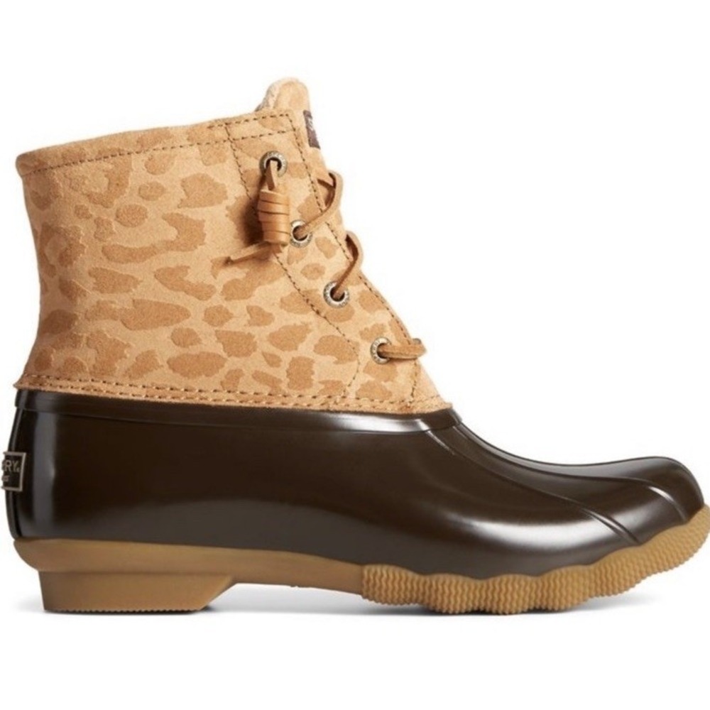 New Sperry Saltwater Cheetah Tan Duck Boots All Weather STS87095 Women's 7.5